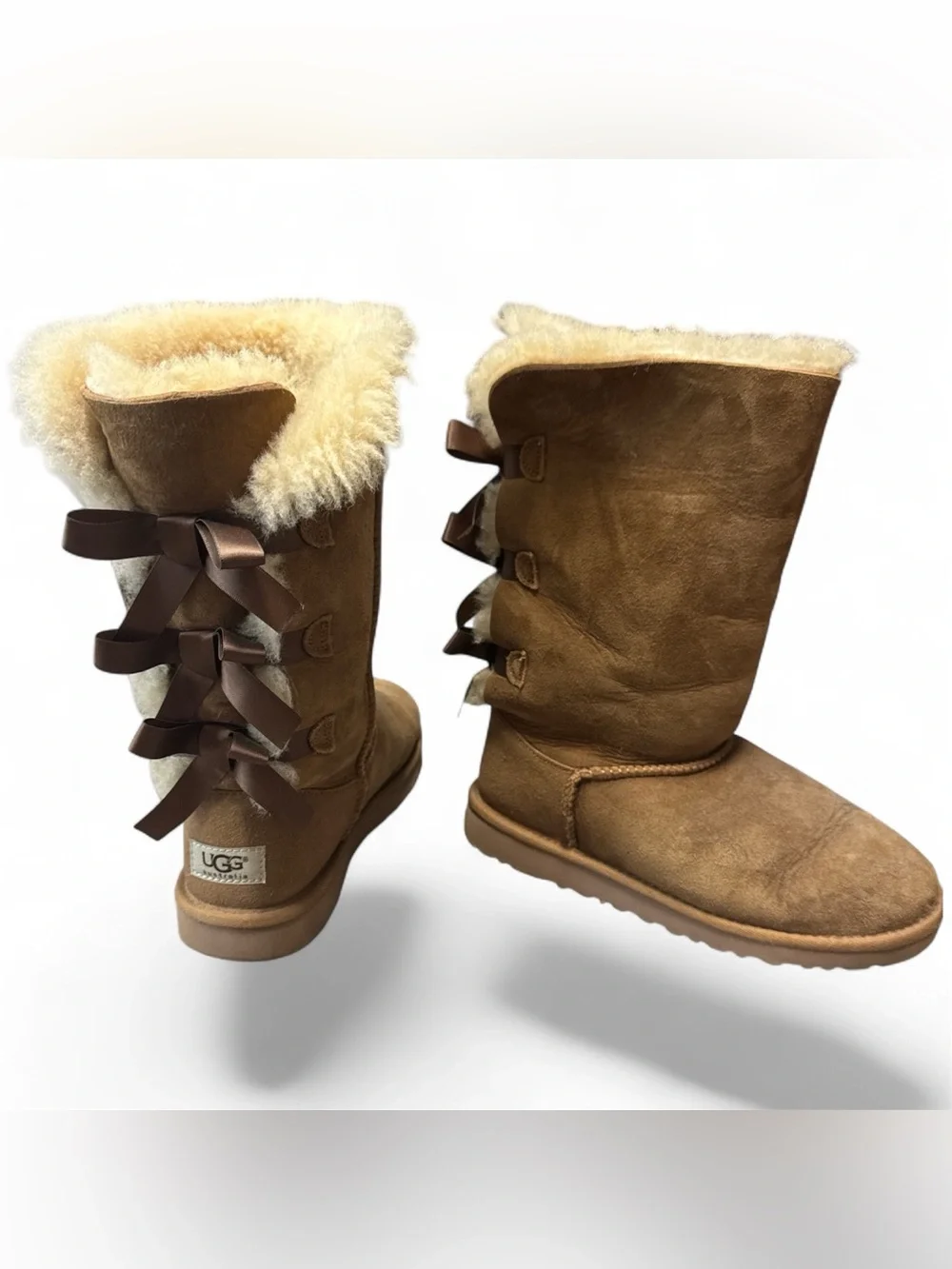 UGG Chestnut Suede Shearling Boots with Back Ribbon Bows